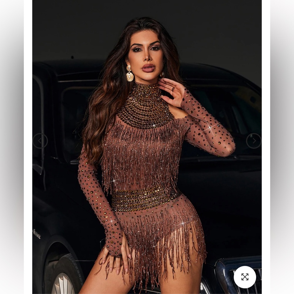 Mew Mews — Safa Rhinestone Glitter Fringe Bodysuit - Picture 3 of 6